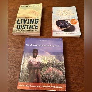 3 PAPERBACK BOOKS- LIVING JUSTICE,MORAL WISDOM&MORAL ISSUES&CHRISTIAN RESPONSES